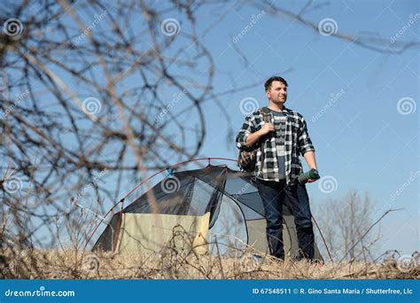 Millennial Man Camping Stock Image Image Of Water Backpack 67548511