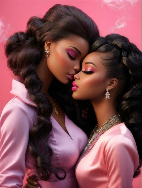 Ai Generative Lesbian Barbie Doll Kissing Another Barbie Doll On Pink Background Stock