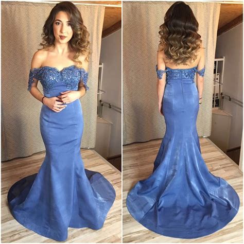 2017 Blue Mermaid Prom Dressoff The Shoulder Formal Gown With Lace