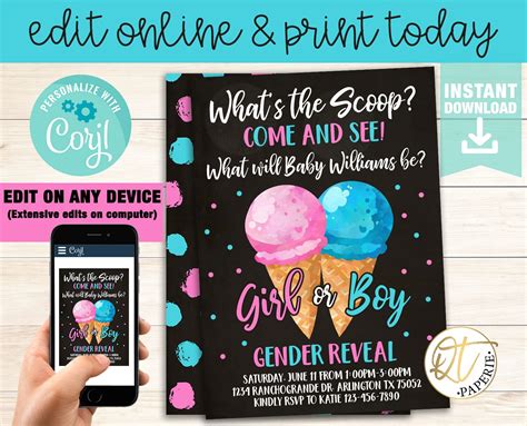 Whats The Scoop Gender Reveal Invitation Ice Cream Gender Etsy