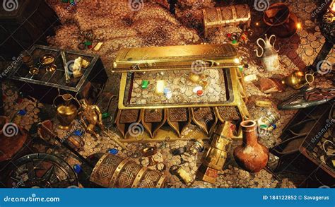 Pirate Treasures In A Dark Cave Old Coins Diamonds And Gold