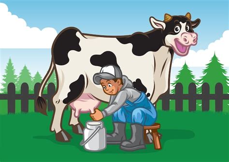 Ilustración De Vaca Feliz Mientras El Granjero Ordeñando Vector Premium