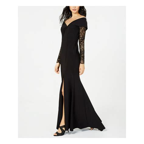 Xscape Xscape Womens Black Slitted Lace Sleeve Gown Off Shoulder Maxi