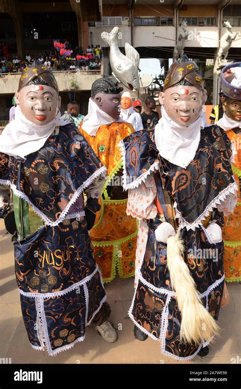 Young Gelede Maskers Garbage In Their Beautiful Costumes Parading The Streets Of Lagos During