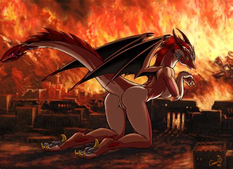 Rule Anus Ass Breasts Dr Comet Dragon Dragoness Fire Giantess Highres Looking Back Monster