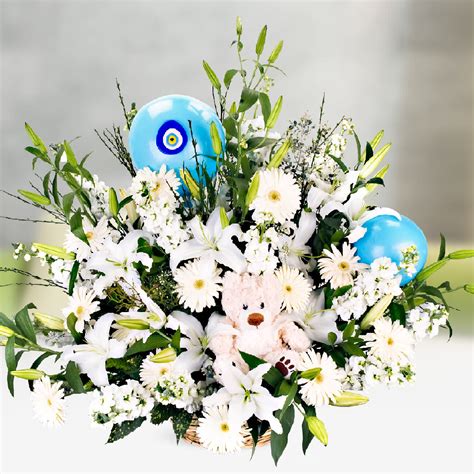 Send Flowers Turkey Teddy Bear And Blue Balloons In Flower Basket From