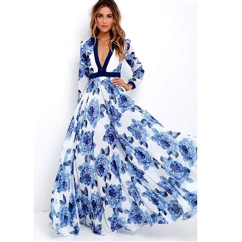 2019 Long Summer Beach Dress Women Sexy Deep V Floral Maxi Dress