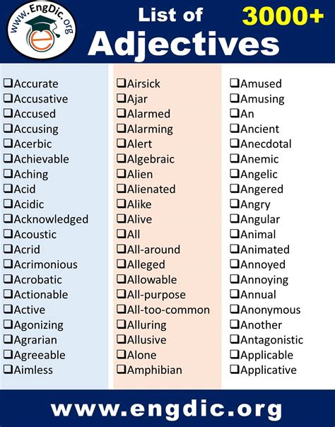 Printable List Of Adjectives Following Is A List Of 100 Common