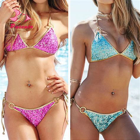 Pacento Shiny Sequins Bikini Brazilian Gold Bordered Swimwear Women