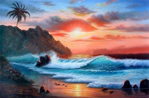 Hawaii Beach Seashore Painting Palm Tree Sunrise Painting Canvas A Paintingforhome