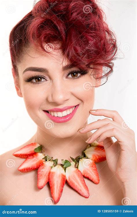 Beautiful Redhead Woman Smiling Having Necklace Of Strawbe Stock Image Image Of Face Details