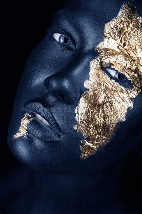 Fashion Portrait Blue Skinned Girl Gold Make Up Beauty Face Stock