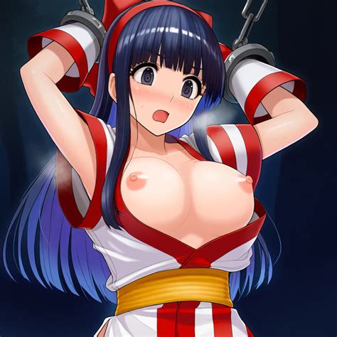 rule 34 1girls ai generated ainu clothes arms behind head arms up big breasts blue hair
