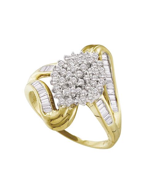 10kt Yellow Gold Womens Round Diamond Cluster Swirl Shank Baguette Ring