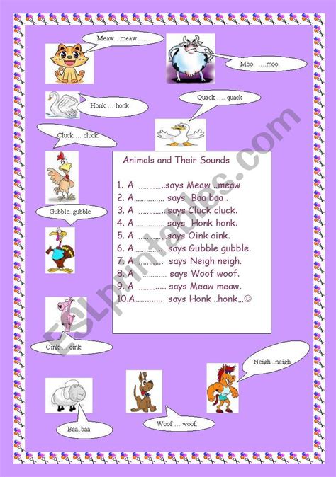 Animals And Their Sounds Esl Worksheet By Salonica
