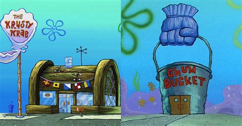 The chum bucket is an unsuccessful fast food restaurant that is located right across the street from the krusty krab. The Ruthless Efficiency of the Krusty Krab/Chum Bucket Meme