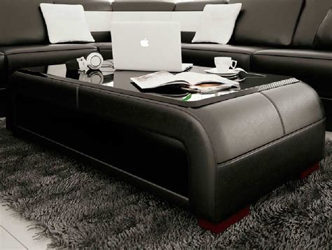 Modern Black Bonded Leather Coffee Table With Glass Top