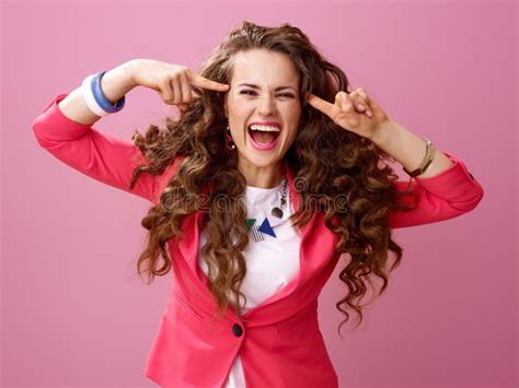 Happy Crazy Woman Isolated On Pink Background Stock Image Image Of