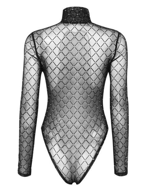 Sexy Women See Through Mesh Fish Net Slim Bodysuit Top Thong High Neck Jumpsuit Ebay