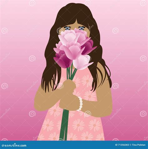 Illustration Of A Girl Holding Flowers Stock Illustration