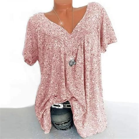Zpanxa Womens Tops T Shirts Plus Size Short Sleeves V Neck Print Blouse Pullover Shirt Pink S