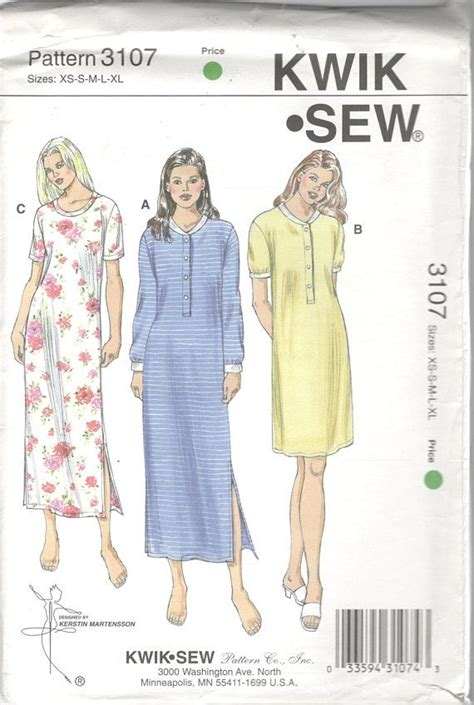 Kwik Sew 3107 Misses Pullover Nightgown Pattern Nightshirt Etsy Nightgown Pattern Women S