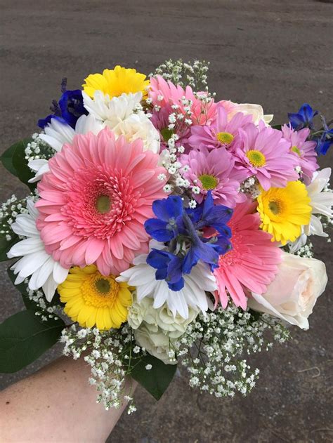 Clutch Bouquet Of Pink And Yellow Gerbera White And Lavender Daisies