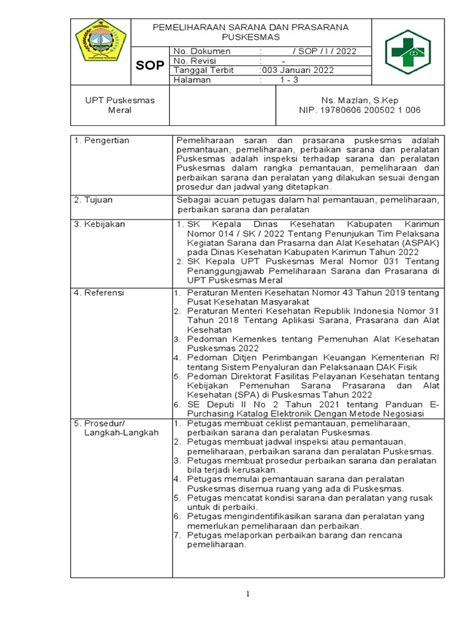 Sop Pemeliharaan Sarana Dan Prasarana Puskesmas Pdf