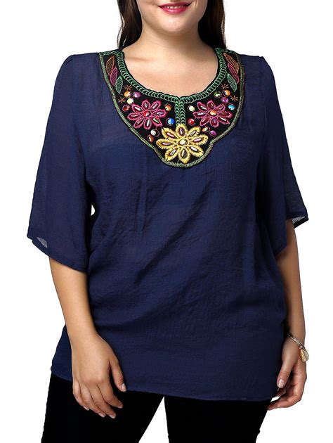 46 Off Casual Plus Size Flower Embroidered Spliced Womens Blouse