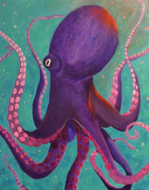 Purple Octopus In The Deep Sea Acrylic Painting On Canvas 16 X 20