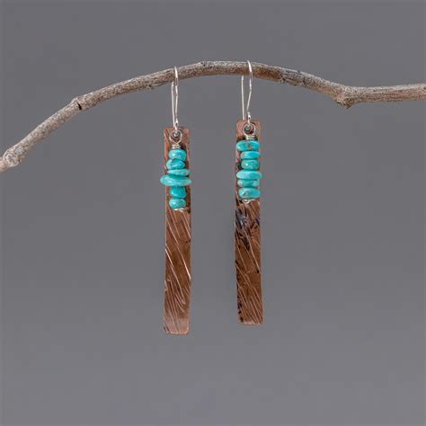 Long Copper Dangle Earrings With Campitos Turquoise Stones Hammer