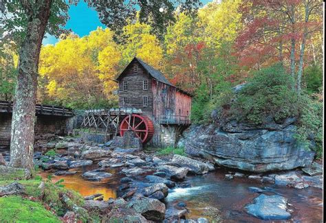 Autumn Water Mill House In Nature Landscape Fall Foliage