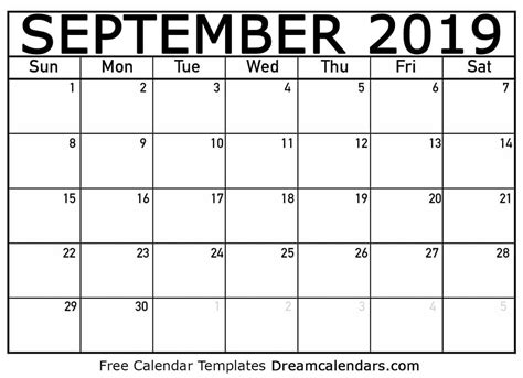 September 2019 Calendar Free Blank Printable With Holidays