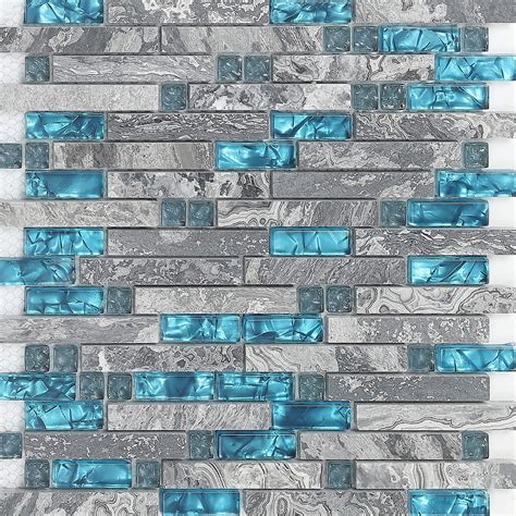 Hominter 5 Sheets Gray Marble Backsplash Wall Tiles Teal Blue Glass