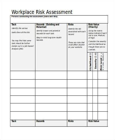 Free Sample Workplace Risk Assessment Forms In Pdf Ms Word