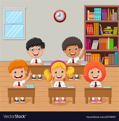 Cartoon School Kids Raising Hand In The Classroom Vector Image On