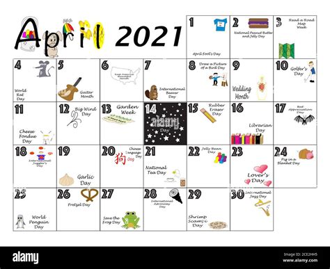 April Monthly Calendar Illustrated And Annotated With Daily Quirky