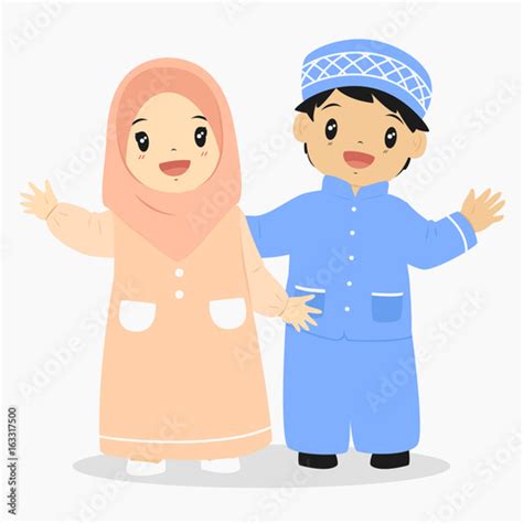 Happy Muslim Boy And Girl Waving Their Hand Stock Vector Adobe Stock