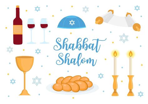 Shabbat Shalom Greeting Card Jewish Symbols Set Judaism Concept