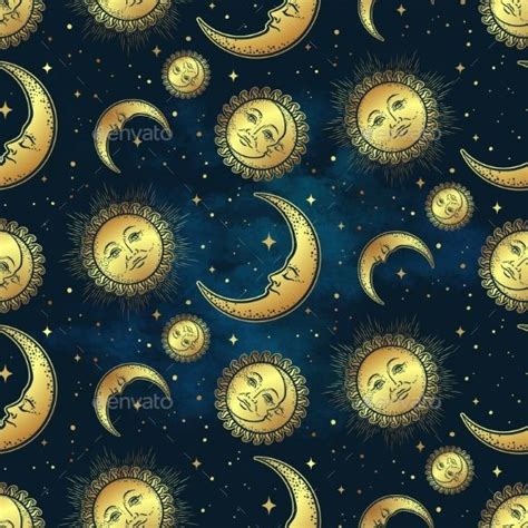 Pattern With Gold Moon Sun And Stars Sun And Stars Hand Drawn