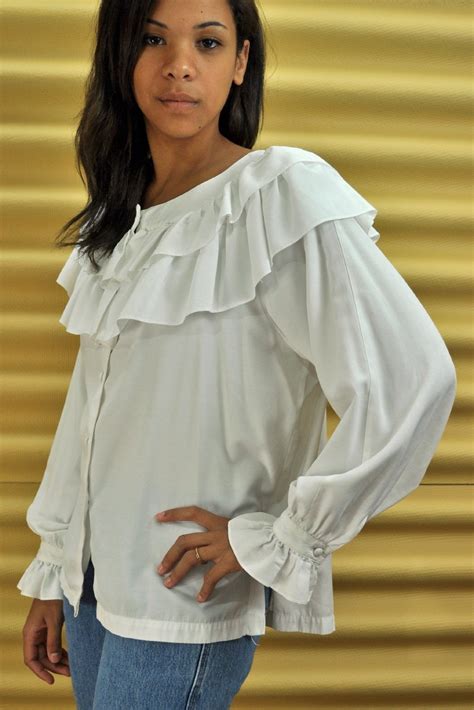 vintage 80s ruffled peasant blouse white gypsy blouse long etsy