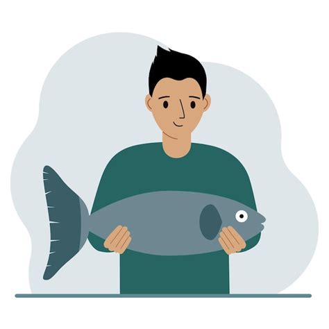 Premium Vector A Male Fisherman Holds A Large Fish Proud Of Good