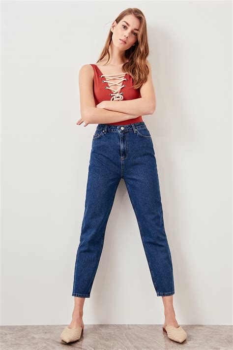 Trendyol Blue High Waist Jeans Mom Tclss19lr0049 In Jeans From Womens