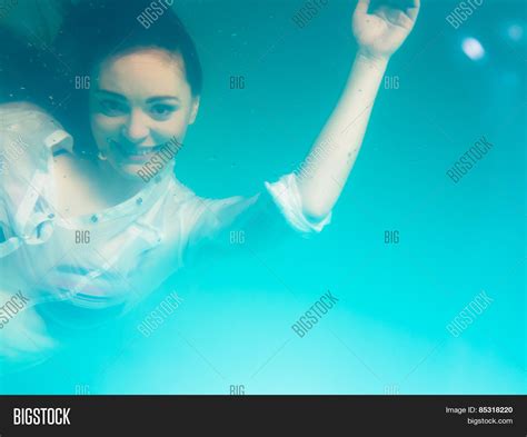 Underwater Girl Wearing Bikini In Swimming Pool Image Stock Photo