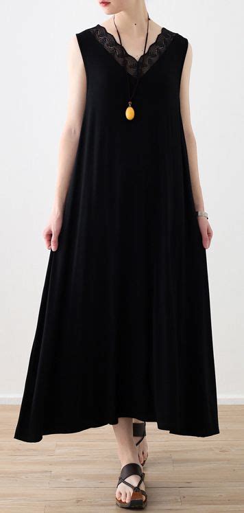 Elegant Black Natural Cotton Dress Oversized V Neck Cotton Gown Elegant Sleeveless Maxi Dresses