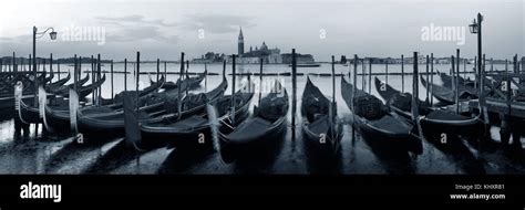 Gondola Park In Water And San Giorgio Maggiore Island In Venice