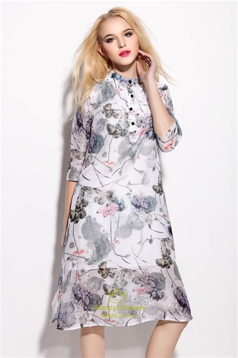 Vintage Style Floral Print Chiffon Dress With 34 Sleeve Vampal Dresses