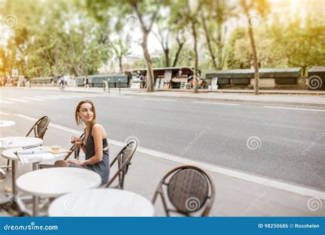 Elegant Woman Sitting At The French Cafe Stock Photo Image Of