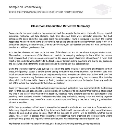 ⇉classroom Observation Reflective Summary Essay Example Graduateway