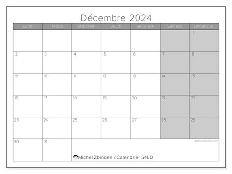 Calendrier Décembre 2024 54ld Michel Zbinden Lu